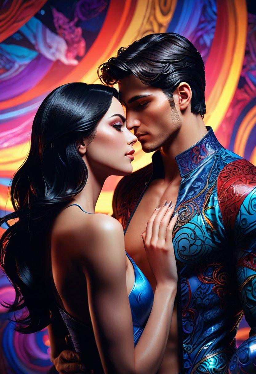 A 3D rendered scene with elegantly designed adult comic characters in an intimate, artistic pose, surrounded by abstract, colorful patterns. The characters should have detailed, expressive faces conveying a mix of passion and emotion. The background should be a blend of fantasy and futuristic elements, with soft lighting enhancing the sensual atmosphere. 3D rendering. vibrant colors. intricate details.