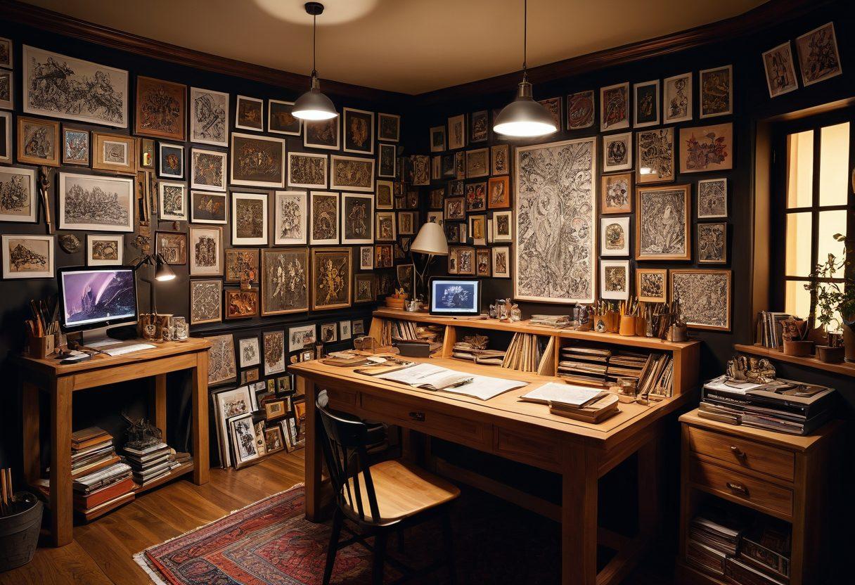 A visually stunning scene showcasing an artist's studio filled with 3D models, sketches, and erotic graphic novels. Emphasize intricate details in the artwork, the digital tools used by the artist, and the vibrant colors of the graphic novels. Include a warm, atmospheric glow that highlights the aesthetic and artistic craftsmanship. super-realistic. vibrant colors. ambient lighting.